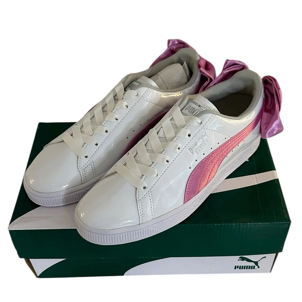 Puma Basket Low Varsity Bow Shoes Patent Leather White Orchid Gray Junior Size 5